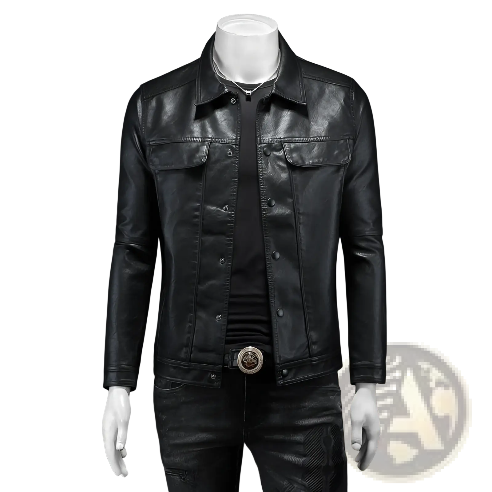 Men’s black faux leather motorcycle jacket with classic collar button front closure and two chest pockets