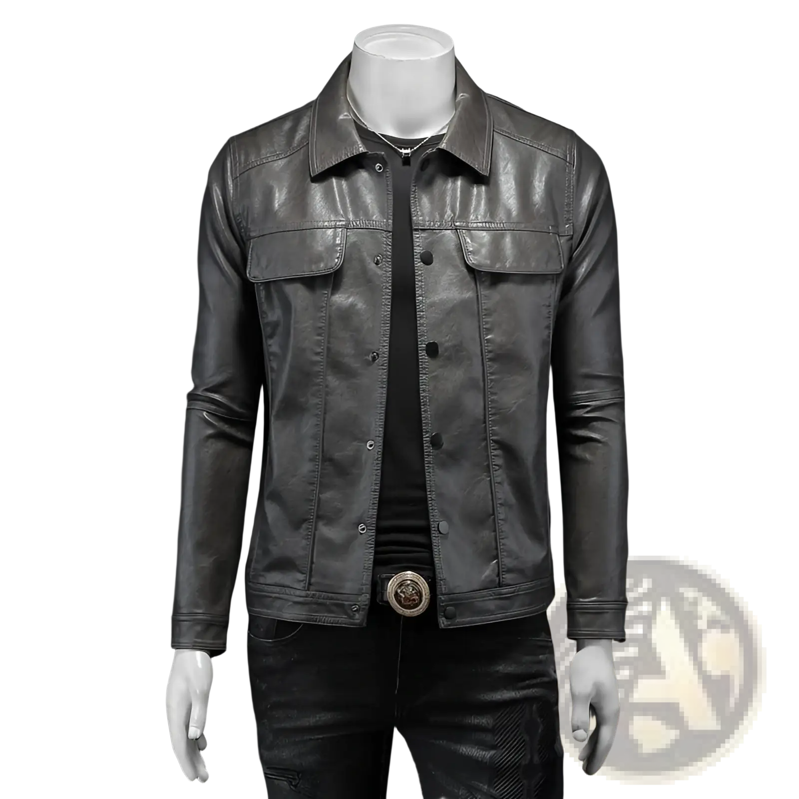 Dark gray faux leather men’s button front motorcycle jacket with classic collar and two chest pockets