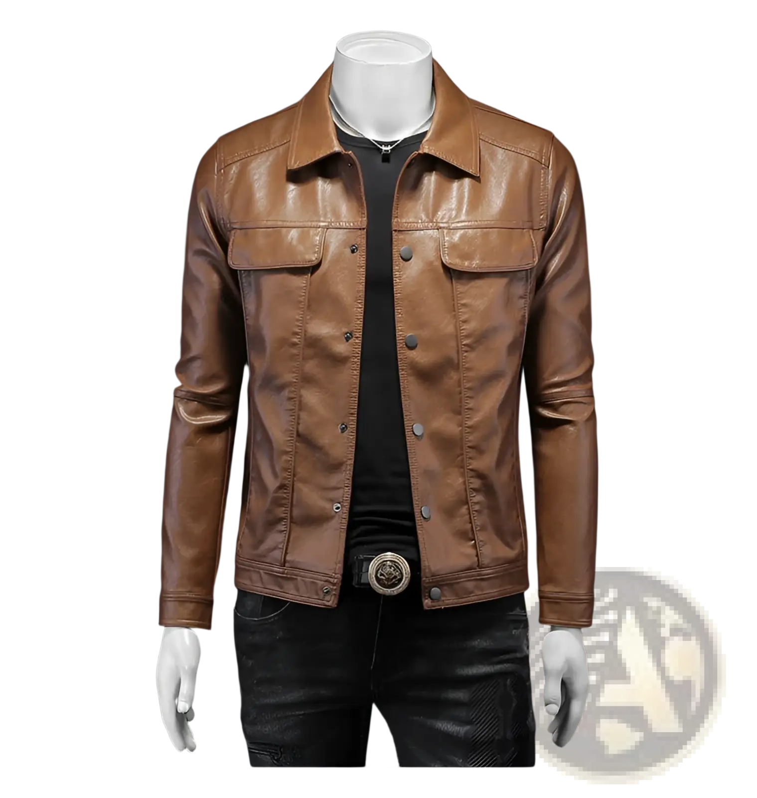 Men’s brown faux leather button front motorcycle jacket with classic denim-style design and silver buttons
