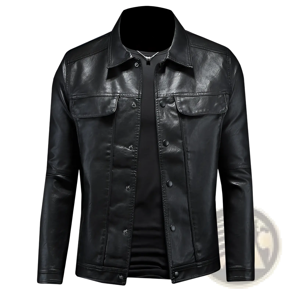 Men’s black faux leather motorcycle jacket with classic collar and front button closure for a stylish look