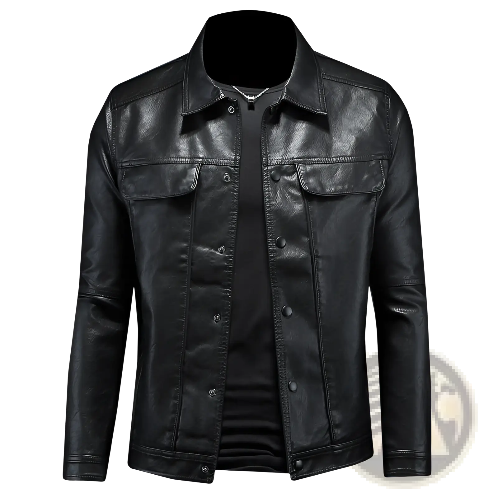 Men’s black faux leather motorcycle jacket with classic collar and front button closure for a stylish look