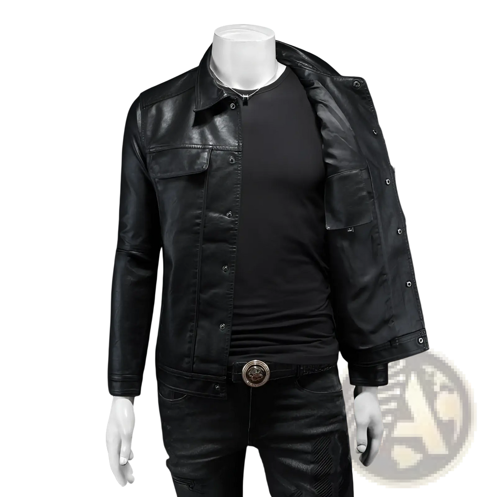 Men’s black faux leather motorcycle jacket with classic collar and front button closure
