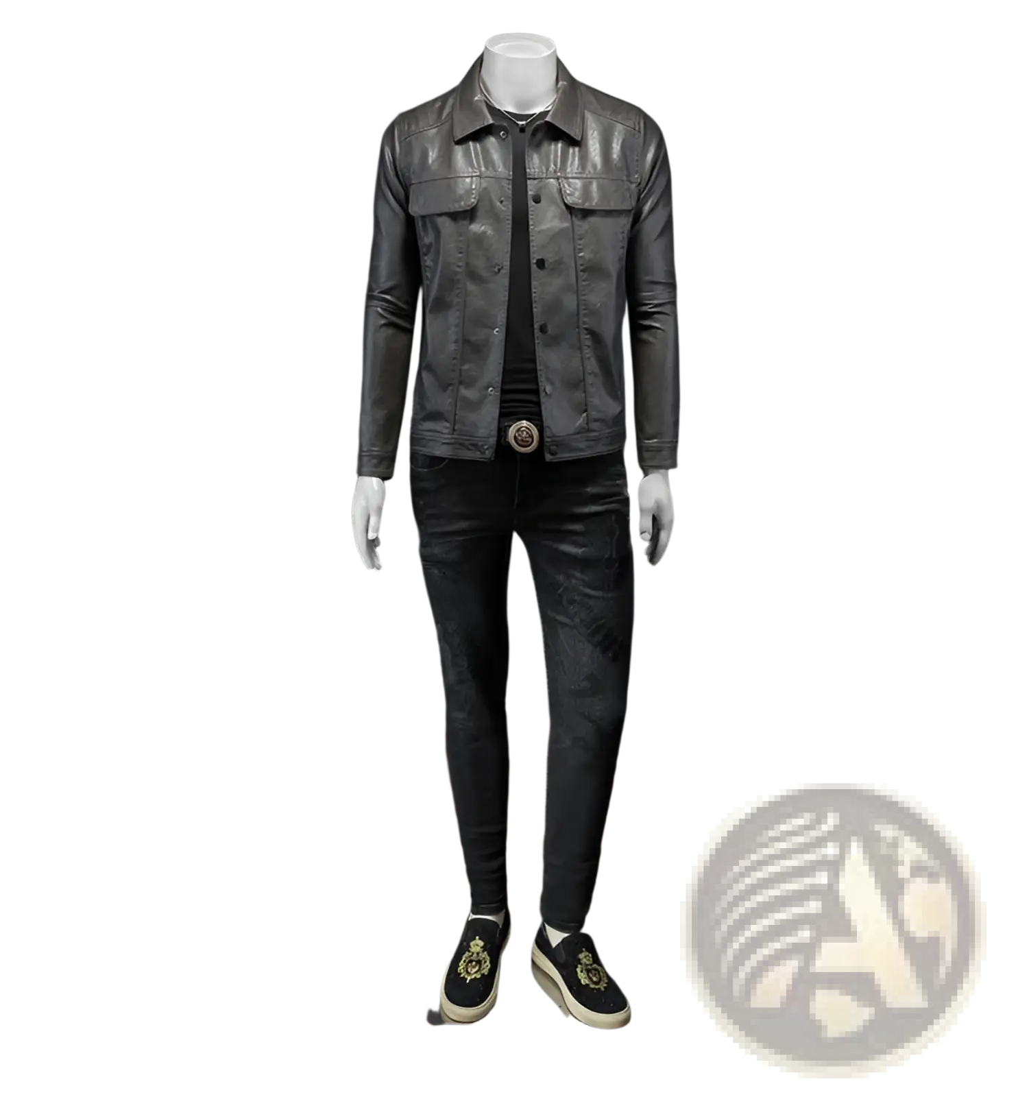 Men’s dark gray faux leather motorcycle jacket with button front and two chest pockets for stylish protection