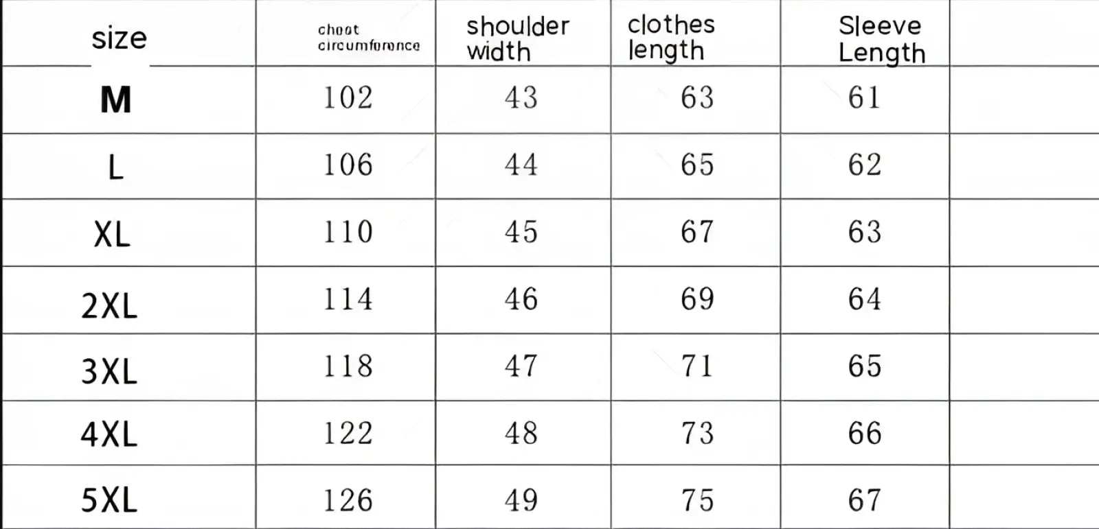 Size chart for men’s faux leather black motorcycle jacket showing measurements in centimeters from M to 5XL