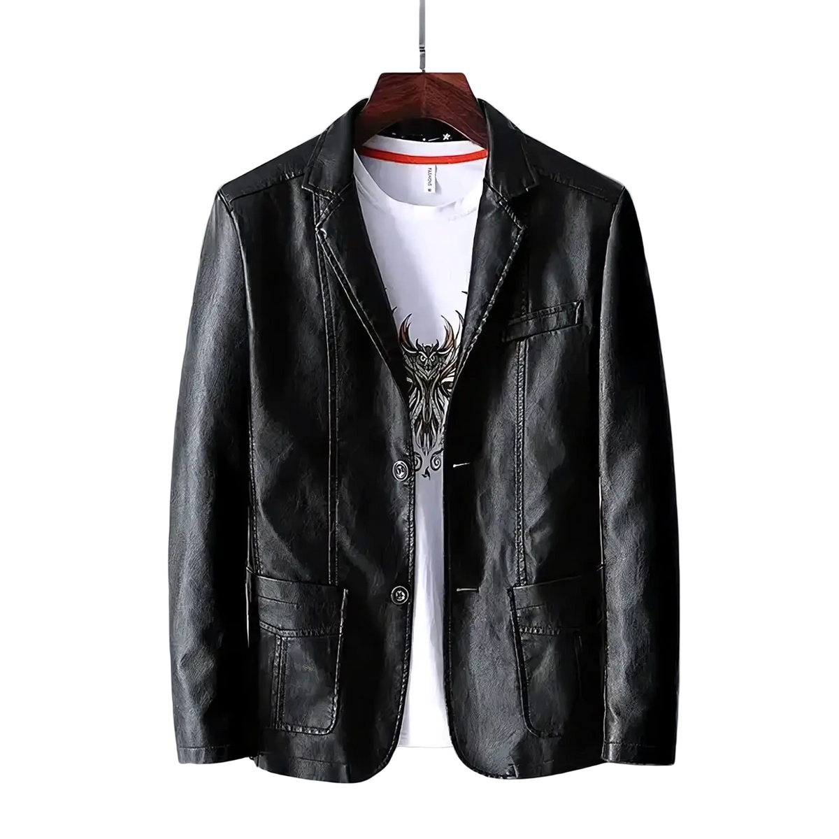 Men’s black faux leather double-breasted blazer jacket with notched collar and two front pockets