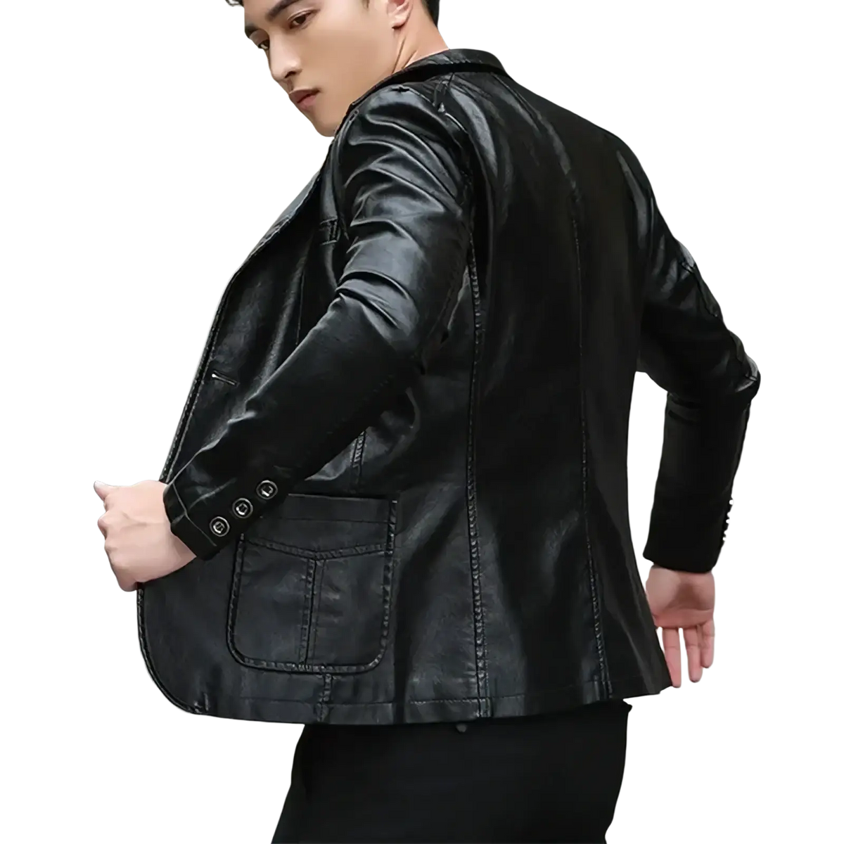 Men’s black faux leather double-breasted blazer jacket with classic collar and buttoned cuffs