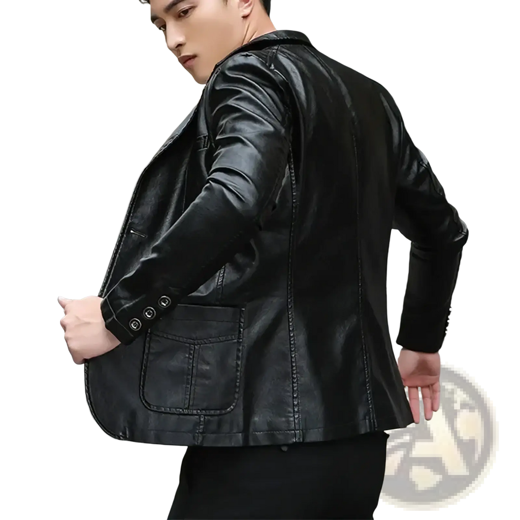 Men’s black faux leather double-breasted blazer jacket with classic collar and buttoned cuffs