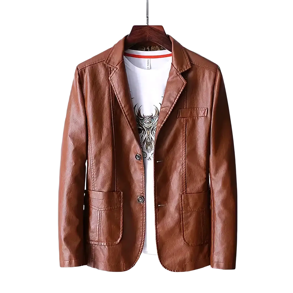 Men’s brown faux leather blazer jacket with two front pockets and single button closure in double-breasted style