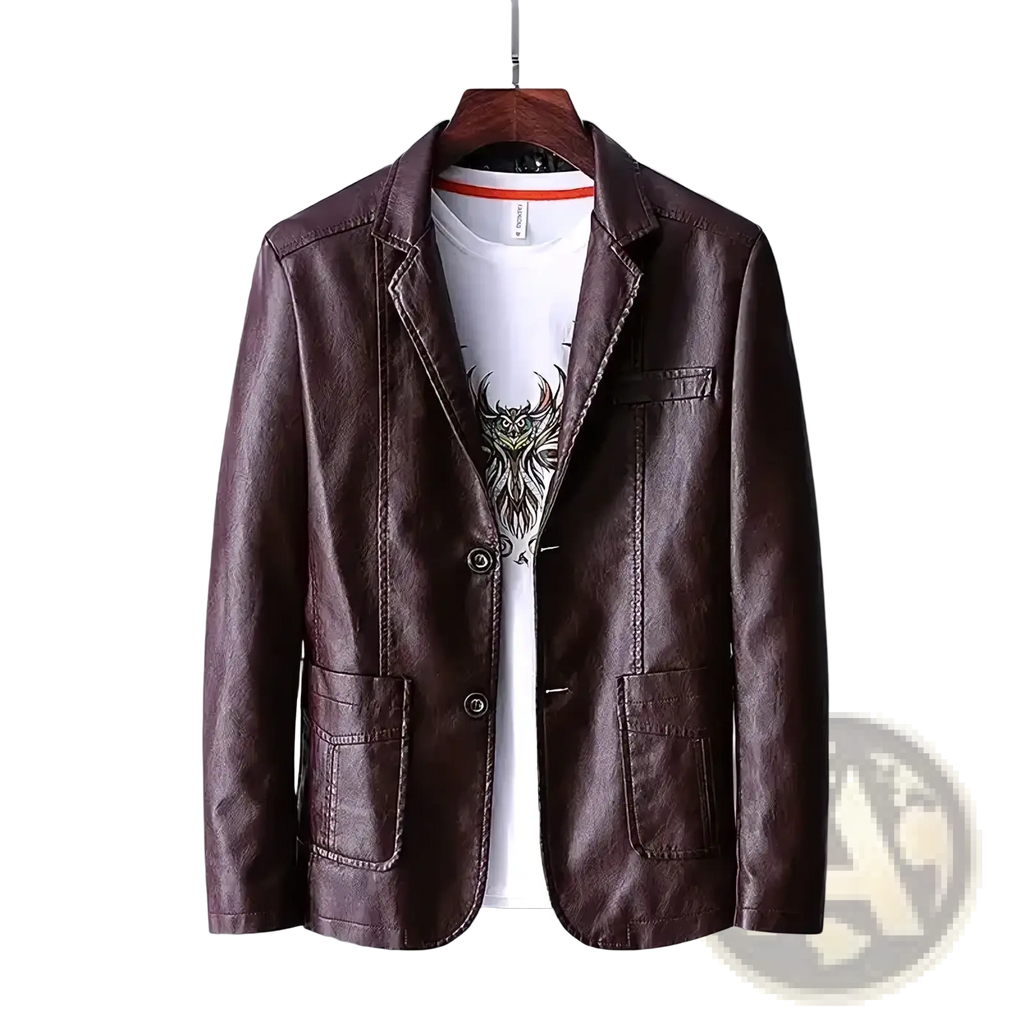 Men’s dark brown faux leather double-breasted blazer jacket with classic design and two front pockets