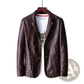 Men’s dark brown faux leather double-breasted blazer jacket with classic design and two front pockets