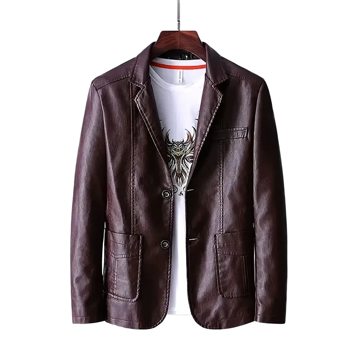 Men’s dark brown faux leather double-breasted blazer jacket with classic design and two front pockets