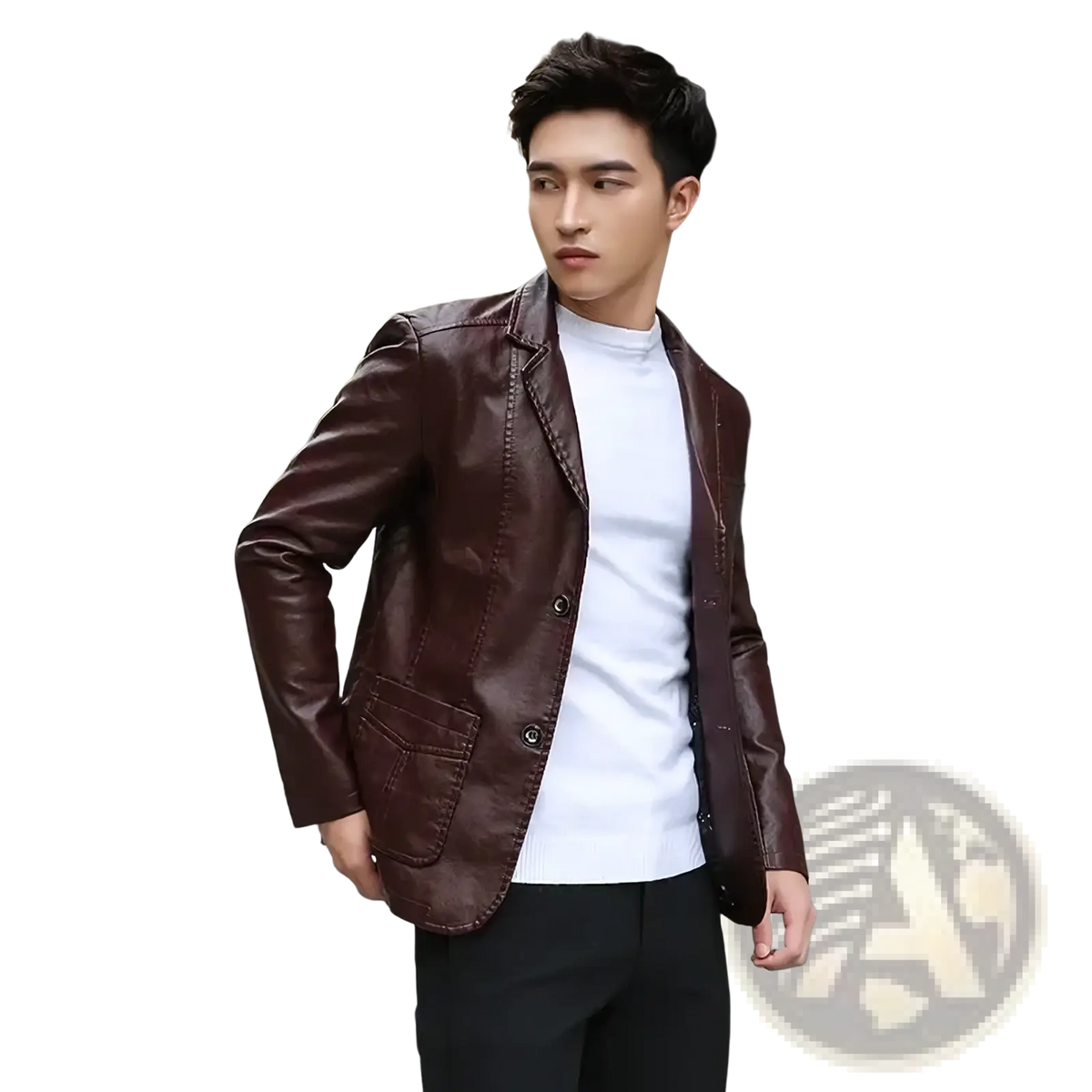 Men’s faux leather double-breasted blazer jacket in sleek dark brown with classic design and subtle stitching details