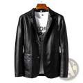 Black velvet men’s faux leather double breasted jacket with pockets and sleek matte finish for formal wear