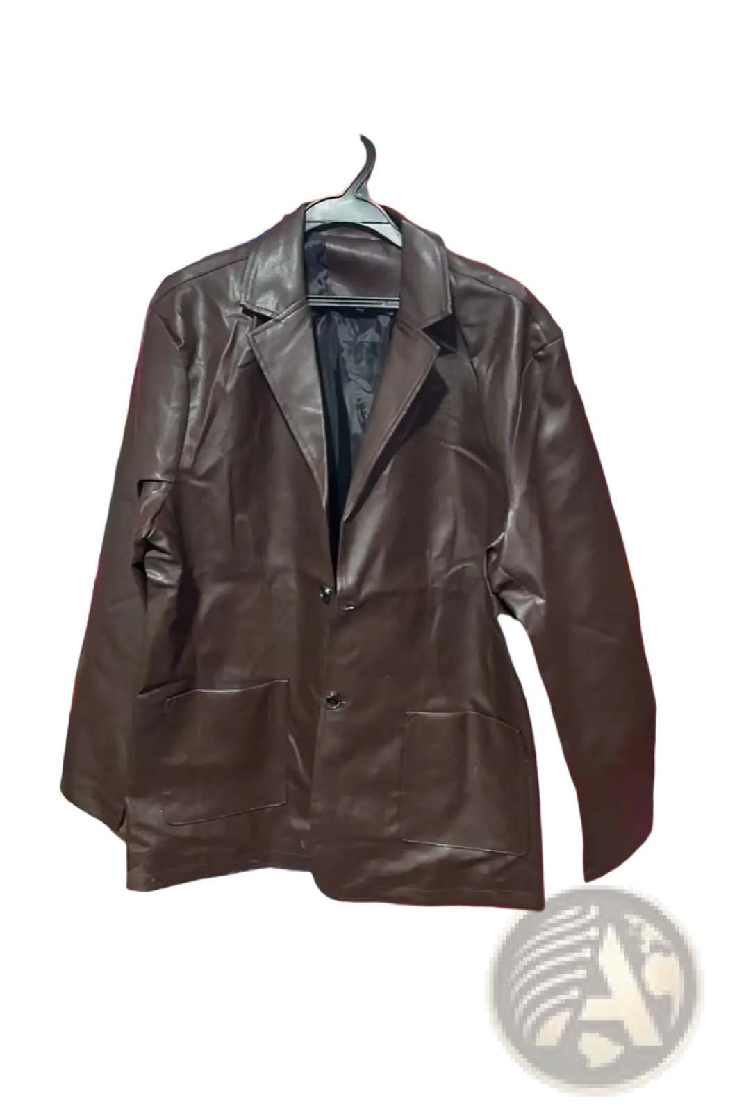 Brown faux leather men’s double breasted blazer with classic design black inner lining and functional pockets