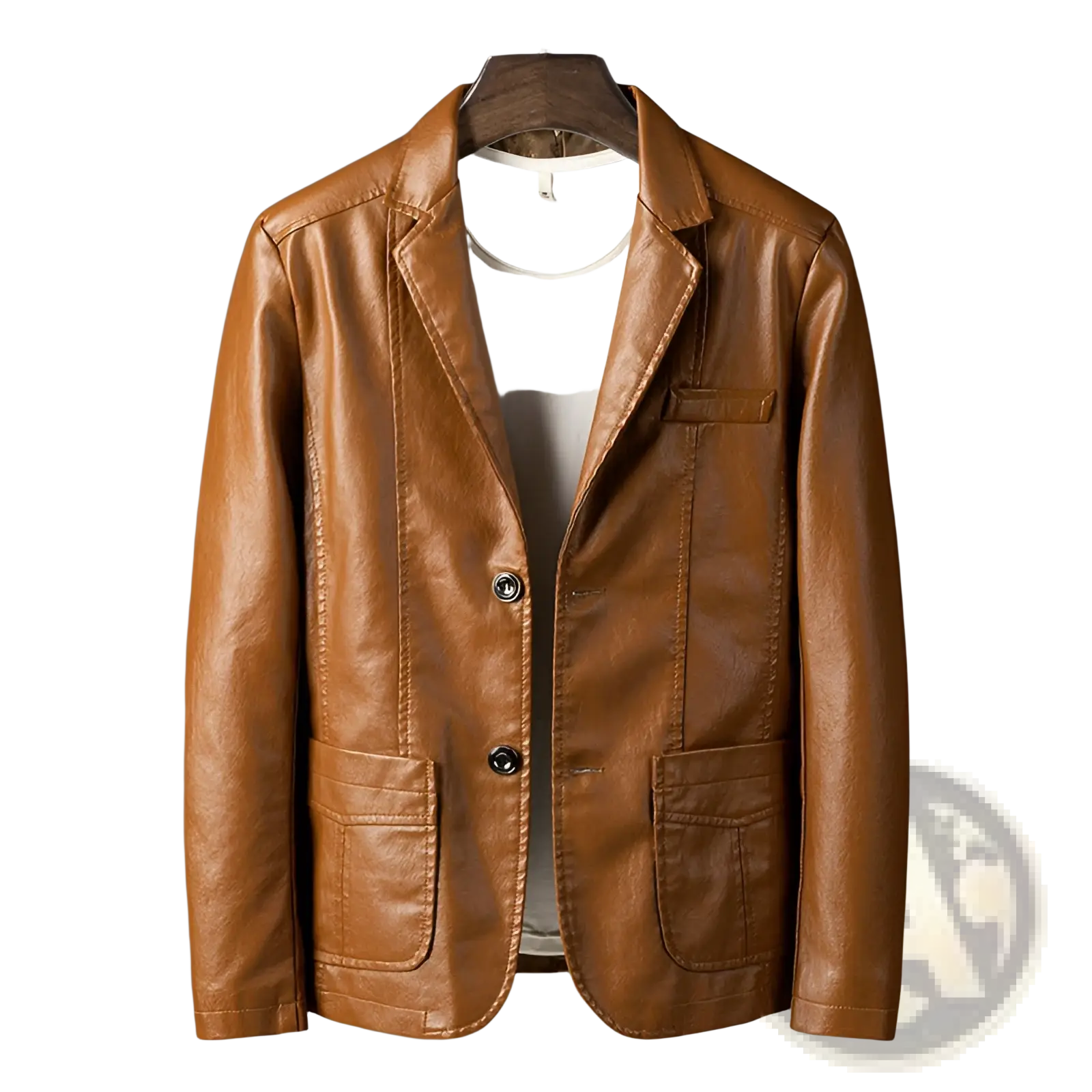 Men’s brown faux leather double breasted blazer with two front buttons and flap pockets for stylish wear