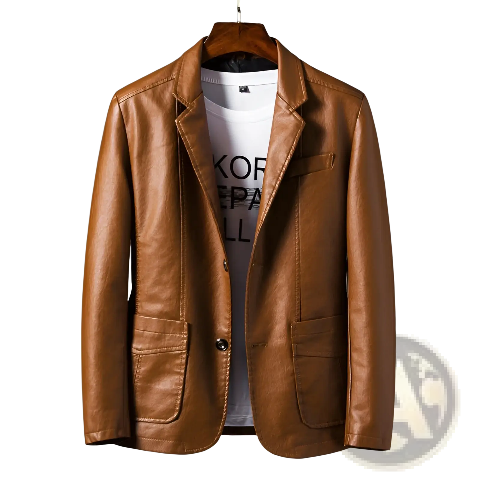 Brown faux leather men’s double breasted blazer with classic design and two front flap pockets