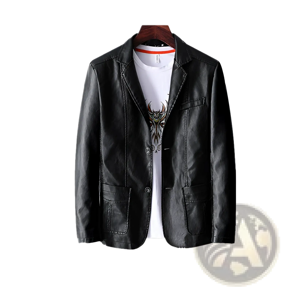 Black faux leather double breasted men’s blazer with two front pockets and classic collar for stylish outerwear