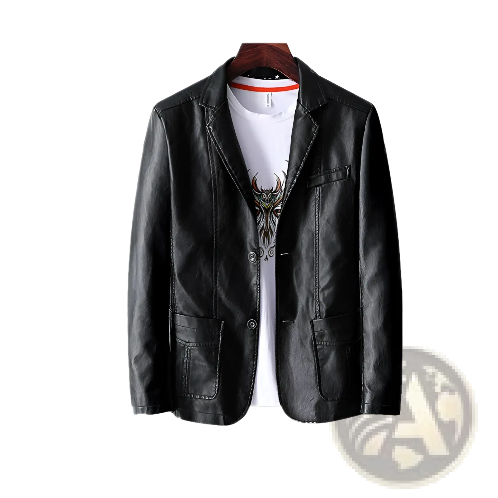 Black faux leather double breasted men’s blazer with two front pockets and classic collar for stylish outerwear