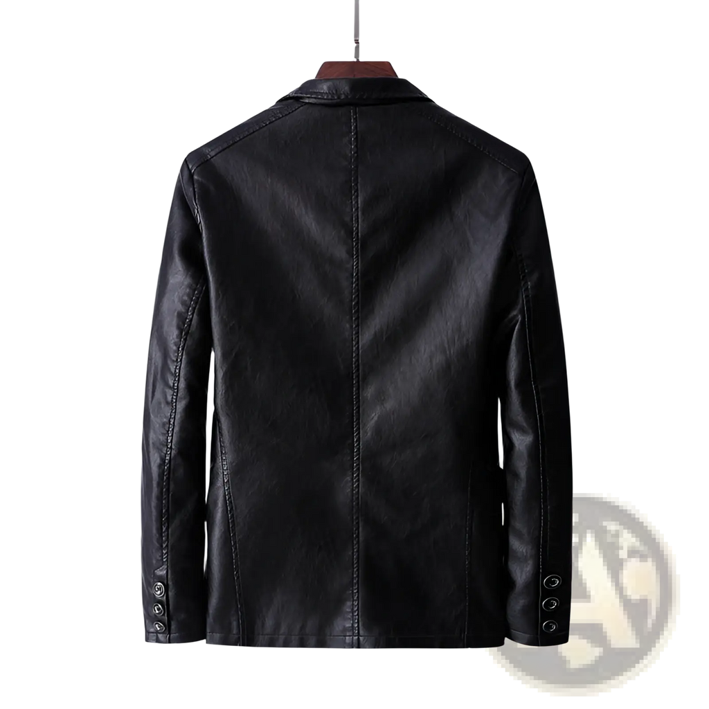 Men’s black faux leather double breasted jacket with tailored fit and subtle stitching details with pockets