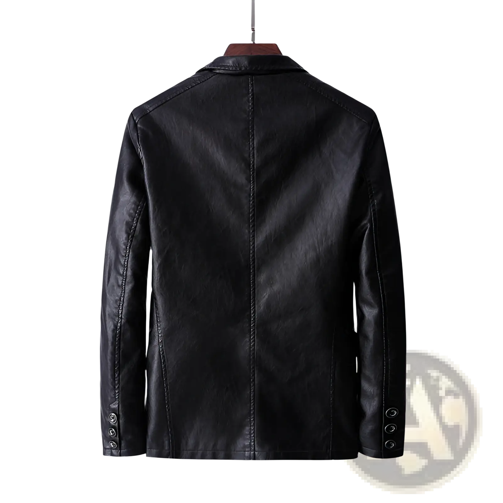 Men’s black faux leather double breasted jacket with tailored fit and subtle stitching details with pockets