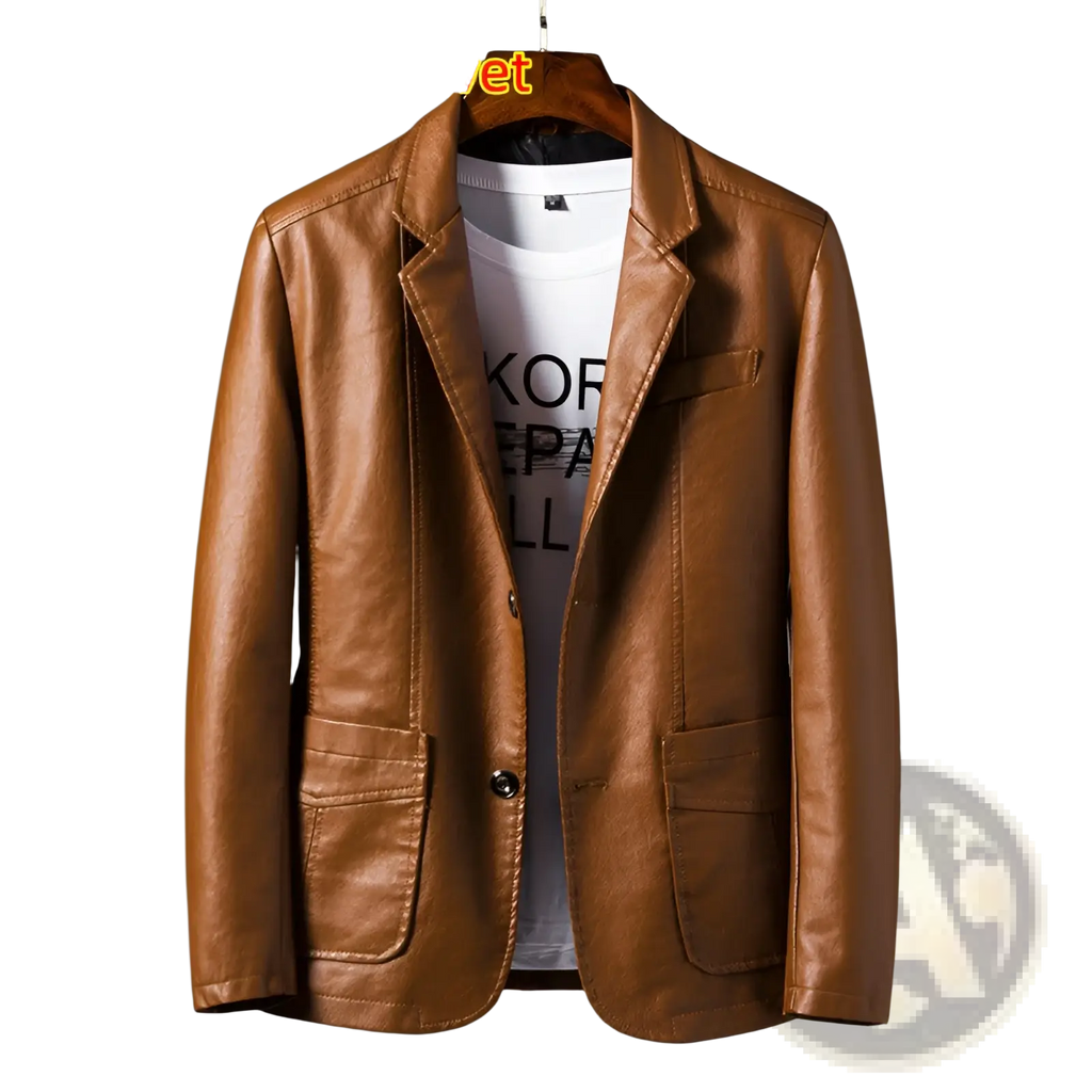 A tan men’s faux leather double breasted blazer with classic design and two front flap pockets
