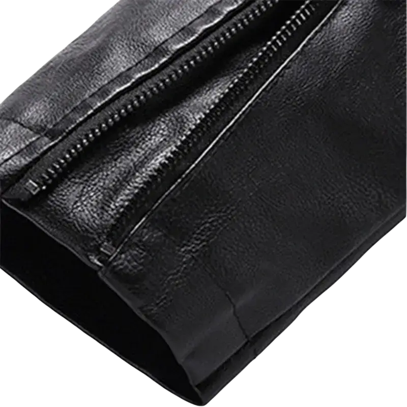 Black faux leather clutch with glossy finish and zipper closure complementing mens faux leather motorcycle jacket