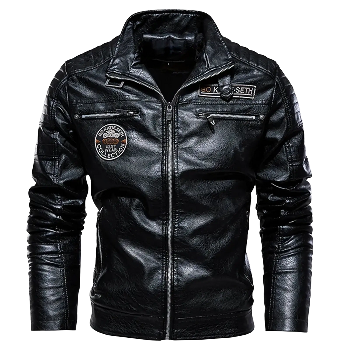 Men’s faux leather motorcycle jacket in black with quilted shoulders and embroidered patches on the back side