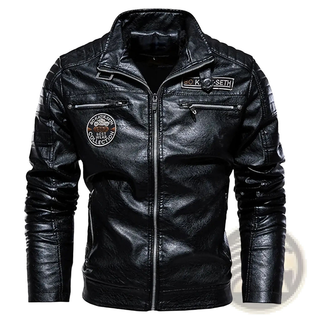 Men’s black faux leather motorcycle jacket with quilted shoulders and embroidered patches for a stylish look