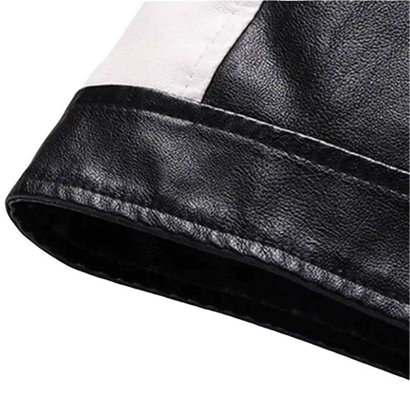 Black and white mens faux leather motorcycle jacket sleeve with textured matte finish