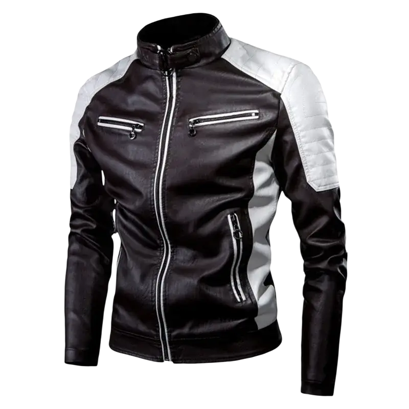Mens faux leather motorcycle jacket in black and white with silver zippers showing the front side design