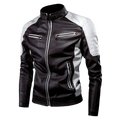 Mens faux leather motorcycle jacket in black and white with silver zippers showing the front side design
