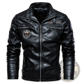 Men’s faux leather motorcycle jacket in black with quilted shoulders and embroidered patches on the back side