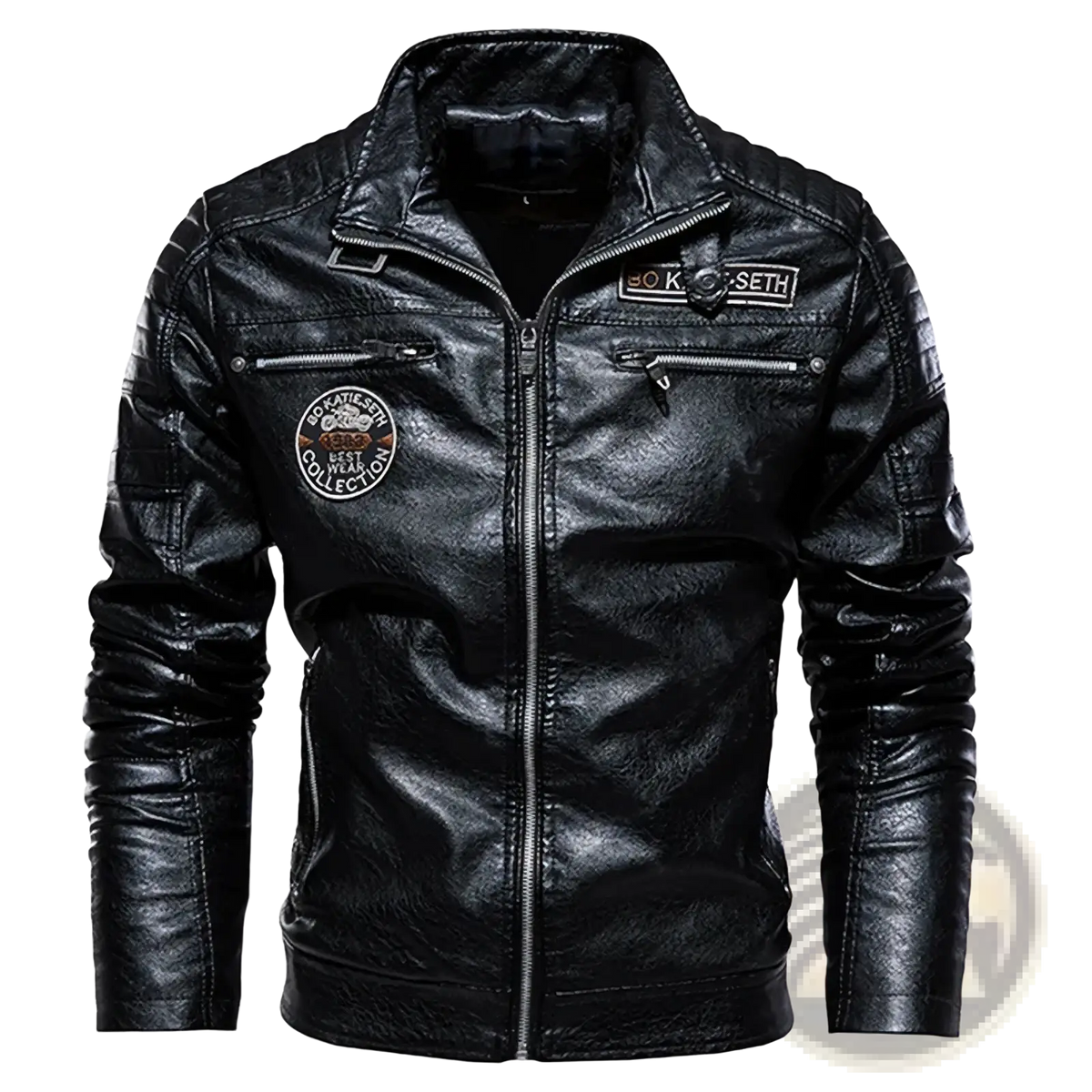 Men’s faux leather motorcycle jacket in black with quilted shoulders and embroidered patches on the back side