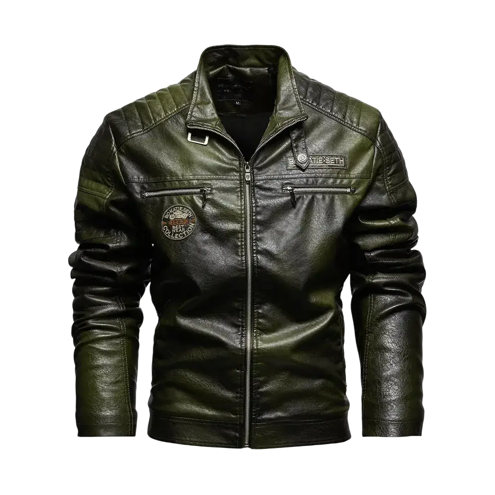 Men’s dark olive green faux leather motorcycle jacket with quilted shoulder panels and front zipper closure