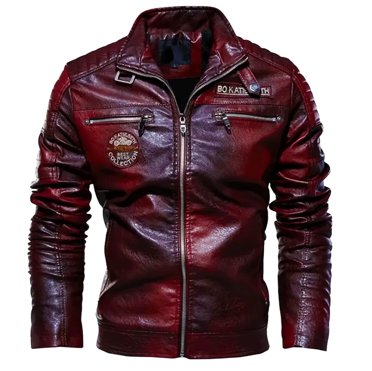 Men’s faux leather motorcycle jacket in rich burgundy featuring quilted shoulders silver zippers and bo katie patches