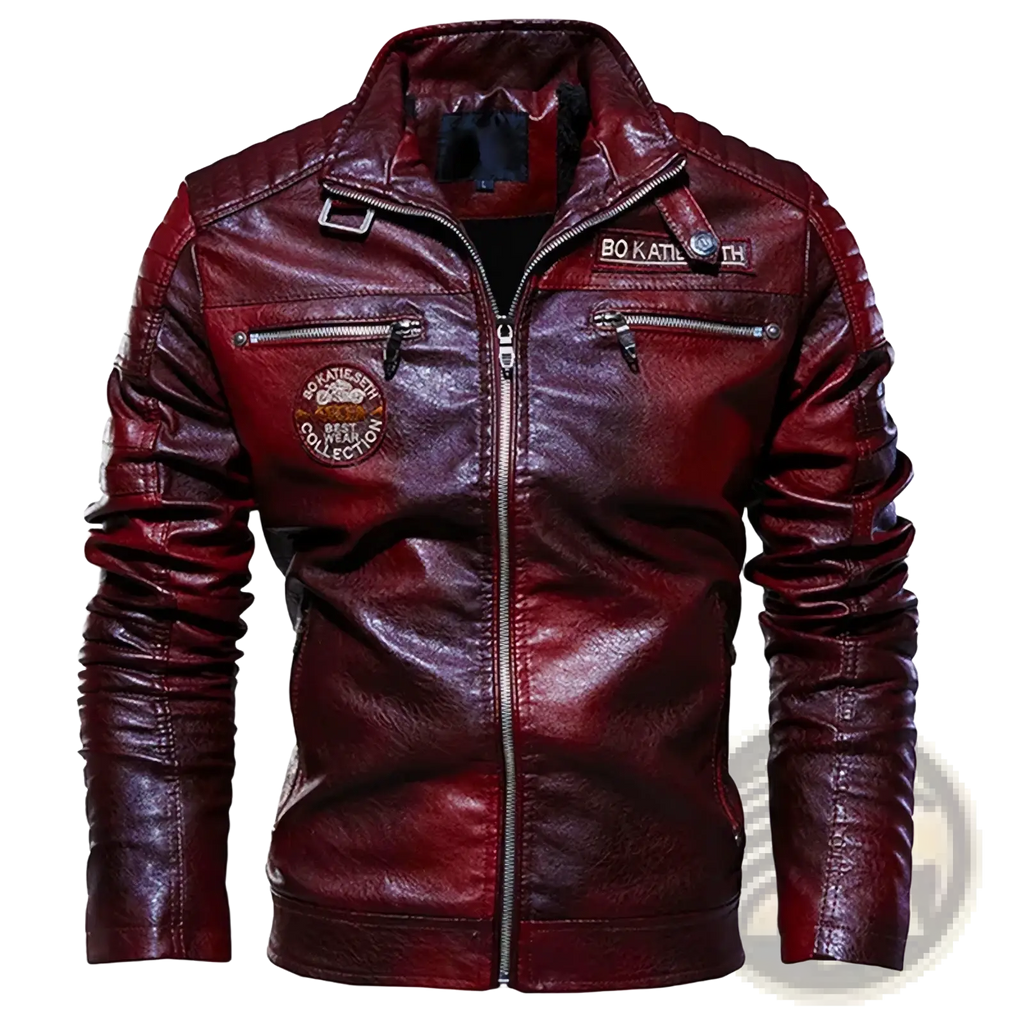 Men’s faux leather motorcycle jacket in rich burgundy with silver zippers, stitched detailing, and bokatien patches