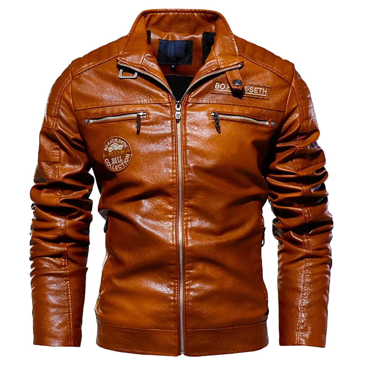 Men’s tan faux leather motorcycle jacket with central zipper, two chest pockets, and embroidered patches on collar and sleeve