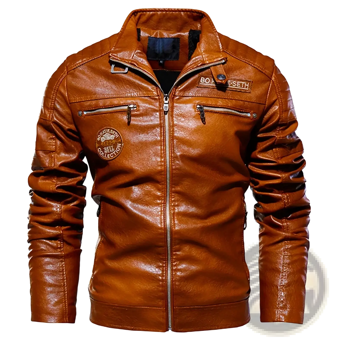 Men’s tan faux leather motorcycle jacket with central zipper, two chest pockets, and embroidered patches on collar and sleeve