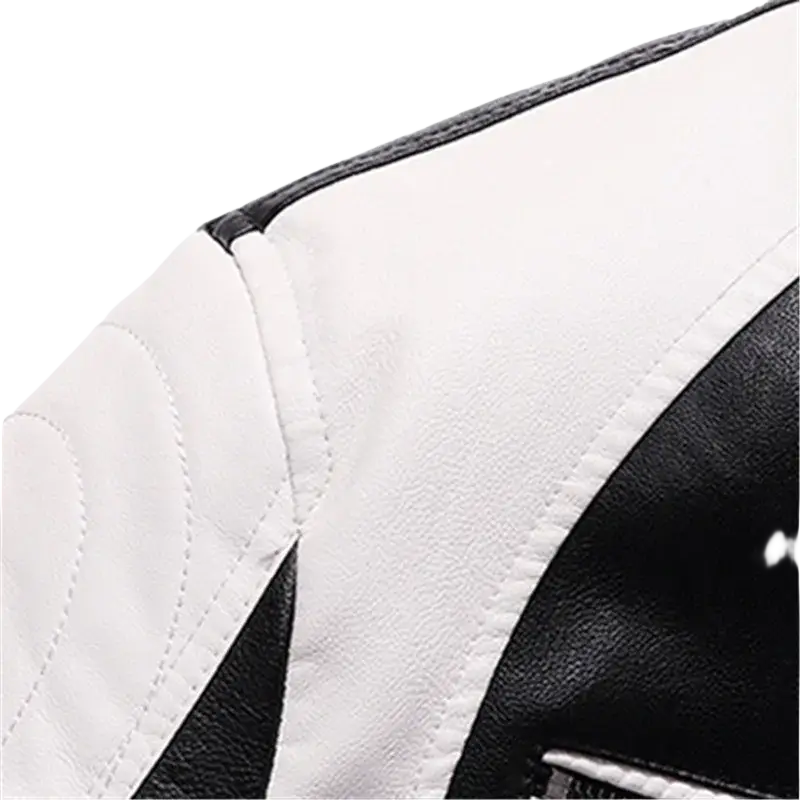 Mens faux leather motorcycle jacket in white and black with contrasting stitching designed for style and durability