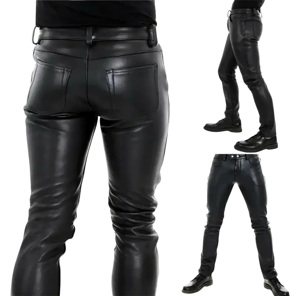 Men’s black glossy faux leather slim fit punk trousers with visible stitching and a sleek design