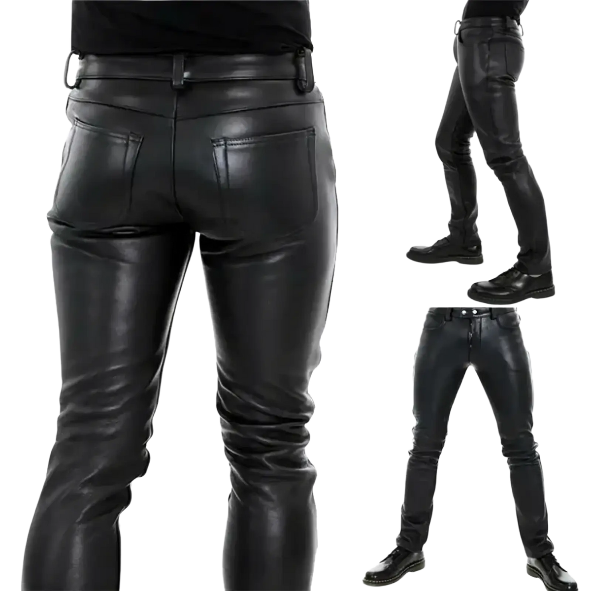 Men’s black glossy faux leather slim fit punk trousers with visible stitching and a sleek design