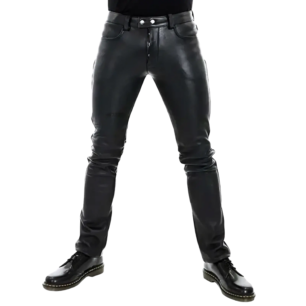 Men’s black faux leather slim fit punk trousers with sleek fitted design and silver toned button closures