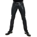Men’s black faux leather slim fit punk trousers with sleek fitted design and silver toned button closures