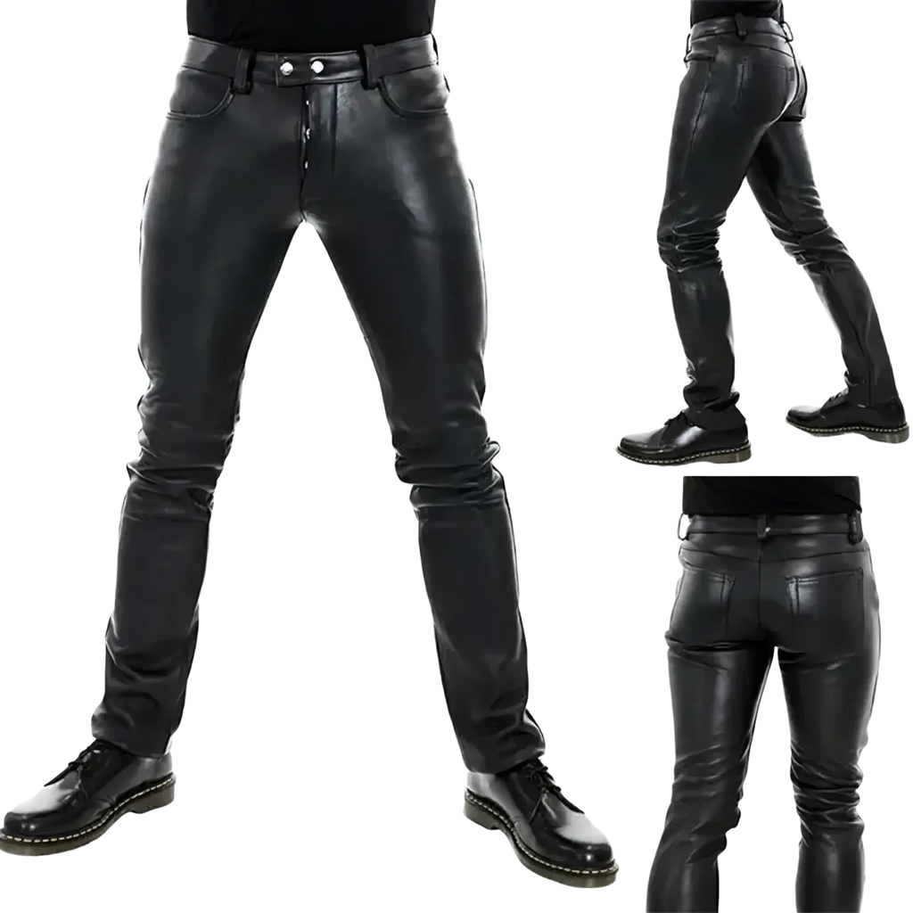 Men’s black faux leather slim fit punk trousers with sleek fitted design and classic five-pocket styling