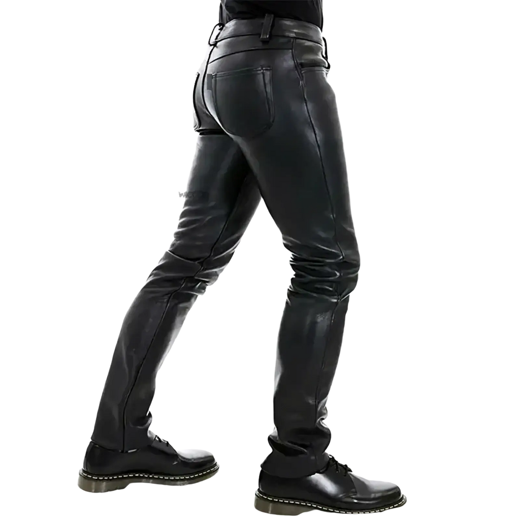 Men’s faux leather slim fit punk trousers in black with sleek fitted design and visible stitching details