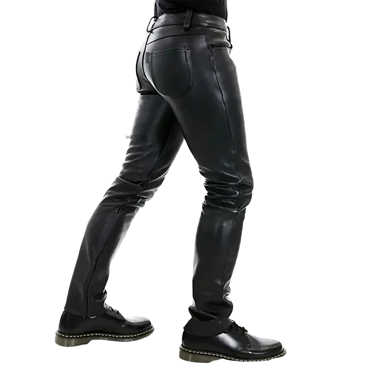 Men’s faux leather slim fit punk trousers in black with sleek fitted design and visible stitching details