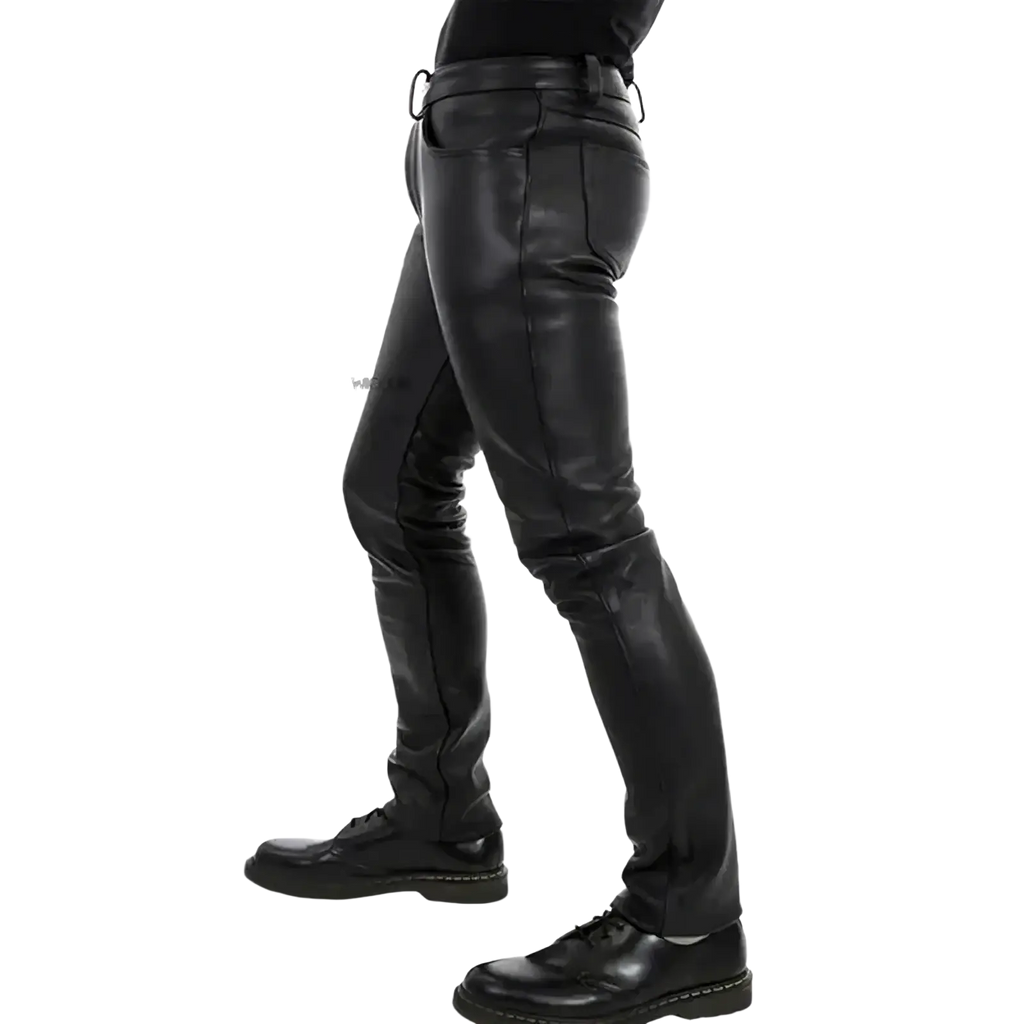 Men’s black faux leather slim fit punk trousers with sleek fitted design displayed from the front side