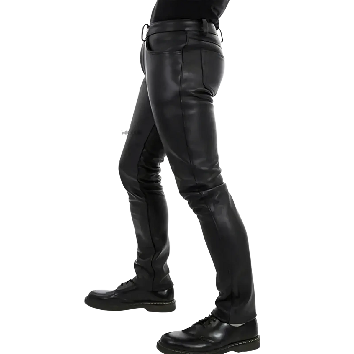 Men’s black faux leather slim fit punk trousers with sleek fitted design displayed from the front side