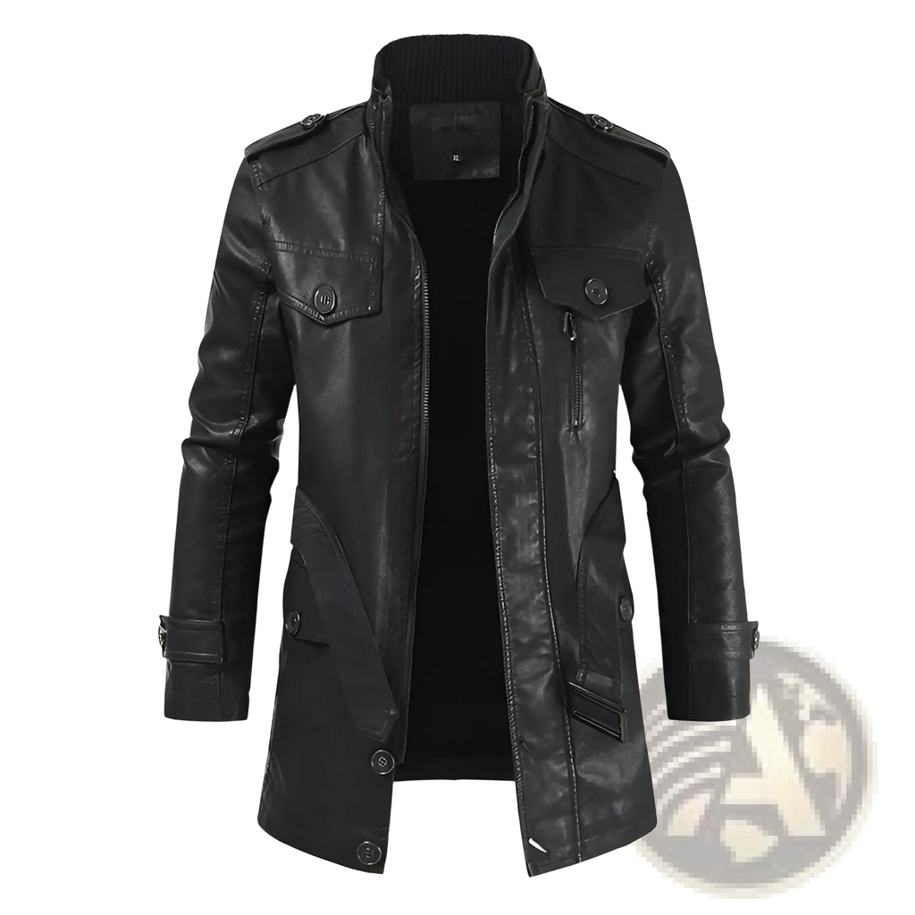 Men’s black faux leather stand collar trench coat with high collar flap pockets and side zipper details