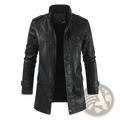 Men’s black faux leather stand collar trench coat with high collar flap pockets and side zipper details